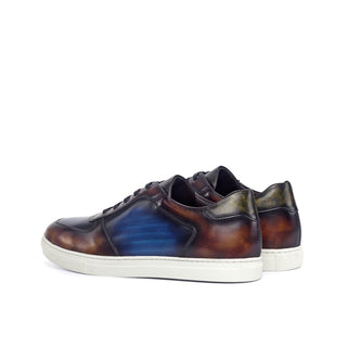 Ambrogio 4576 Bespoke Custom Men's Shoes Khaki, Denim & Fire Patina Leather Casual Sneakers (AMB1831)-AmbrogioShoes