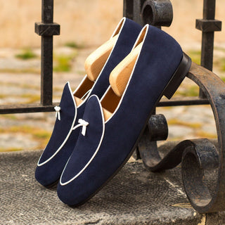 Ambrogio 4284 Bespoke Custom Men's Shoes Navy & White Suede Leather Belgian Loafers (AMB1766)-AmbrogioShoes