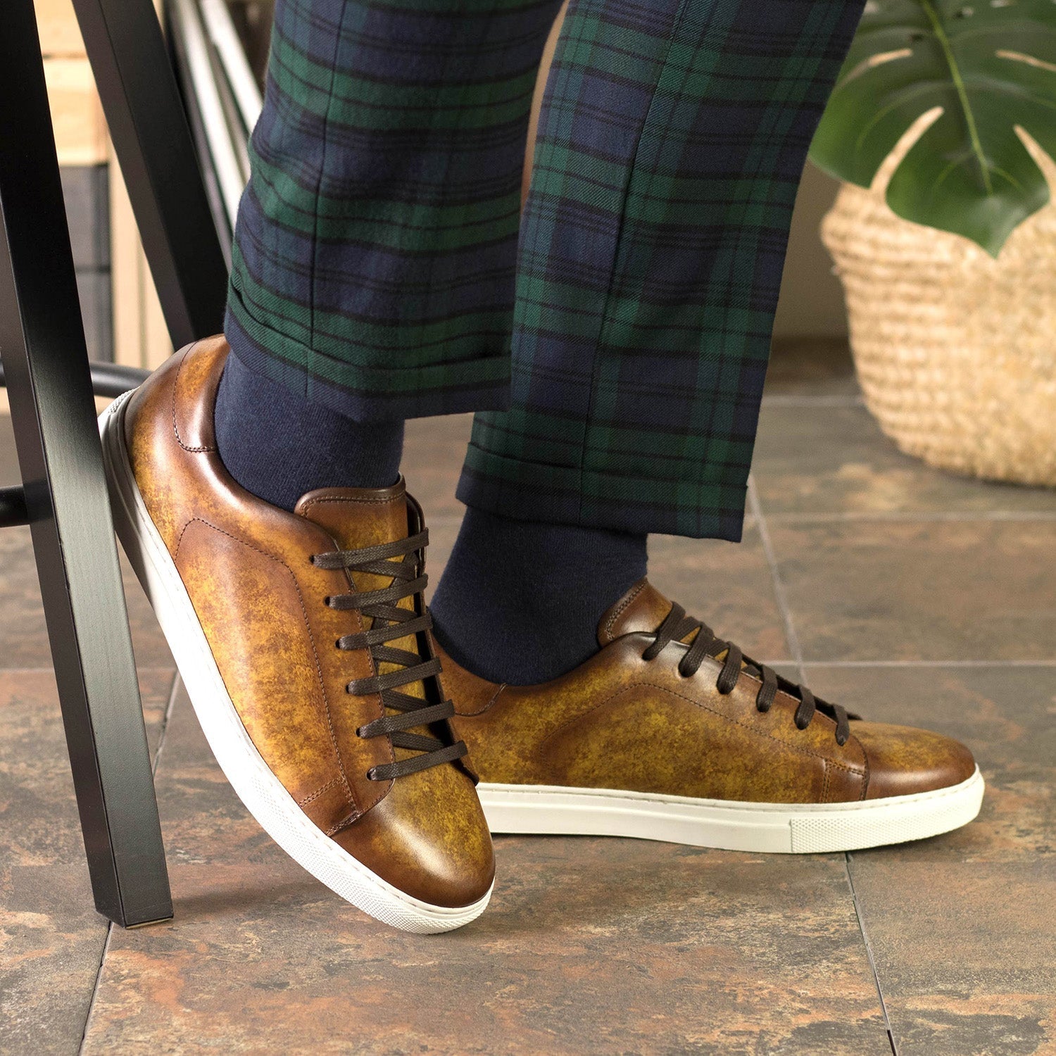 Ambrogio Bespoke Men's Handmade Custom Shoes Khaki, Denim & Fire Patina Leather Trainer Sneakers (AMB1831)