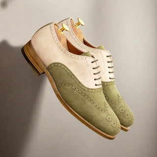 Ambrogio Bespoke Men's Shoes Khaki & Ivory Suede Leather Wingtip Oxfords (AMB2428)-AmbrogioShoes