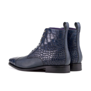 Ambrogio Luxury Men's Shoes Navy Crocodile Print / Pebble Grain Leather Jumper Boots (AMB2545)-AmbrogioShoes