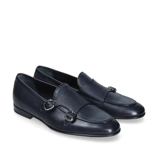 Franceschetti Ravenna Men's Shoes Blue Tumbled Calf-Skin Leather Double Buckle Belgian Loafers (FCCT1002)-AmbrogioShoes