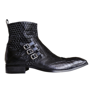 Jo Ghost 4991 Men's Shoes Black Texture Print Calf-Skin Leather Multi-Buckle Boots (JG5359)-AmbrogioShoes