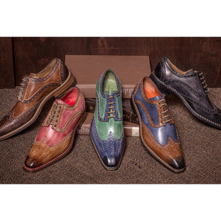 Jose Real Veloce R2318 Men's Shoes Jeans & Green Calf-Skin Leather Wingtip Oxfords (RE2235)-AmbrogioShoes