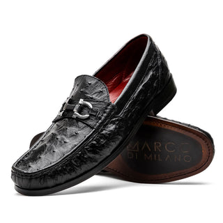 Marco Di Milano Ferrioni Men's Shoes Black Exotic Ostrich Horsebit Moccasin loafers (MDM1171)-AmbrogioShoes