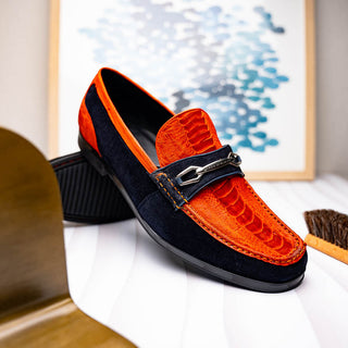 Marco Di Milano Hugo Men's Shoes Orange & Navy Suede / Ostrich Leg Horsebit Loafers (MDM1058)-AmbrogioShoes