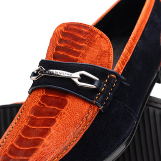 Marco Di Milano Hugo Men's Shoes Orange & Navy Suede / Ostrich Leg Horsebit Loafers (MDM1058)-AmbrogioShoes