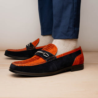 Marco Di Milano Hugo Men's Shoes Orange & Navy Suede / Ostrich Leg Horsebit Loafers (MDM1058)-AmbrogioShoes