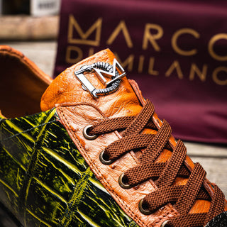 Marco Di Milano Saulo Men's Shoes Green & Cognac Exotic Ostich / Alligator Casual Sneakers (MDM1045)-AmbrogioShoes