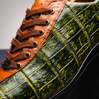 Marco Di Milano Saulo Men's Shoes Green & Cognac Exotic Ostich / Alligator Casual Sneakers (MDM1045)-AmbrogioShoes