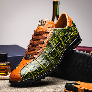 Marco Di Milano Saulo Men's Shoes Green & Cognac Exotic Ostich / Alligator Casual Sneakers (MDM1045)-AmbrogioShoes