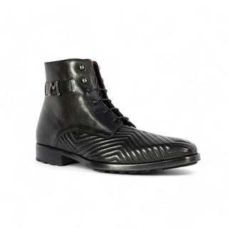 Mezlan S20516 Men's Shoes Black Quilted / Calf-Skin Leather Lace up Boots (MZS3554)-AmbrogioShoes