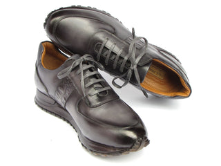 Paul Parkman LP207GRY Men's Shoes Gray & Black Patina Leather Sneakers (PM6432)-AmbrogioShoes