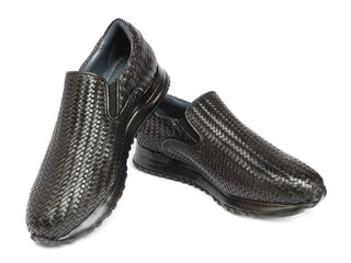 Paul Parkman LW204BLK Men's Shoes Black Woven Leather Slip-On Sneakers (PM6429)-AmbrogioShoes