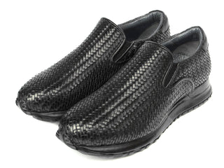 Paul Parkman LW204BLK Men's Shoes Black Woven Leather Slip-On Sneakers (PM6429)-AmbrogioShoes
