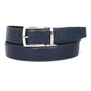 Paul Parkman Men's Hand-Painted Belt Navy Embossed Calfskin Leather (PMB206)-AmbrogioShoes