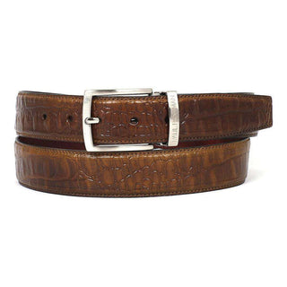 Paul Parkman Men's Hand-Painted Belt Olive Embossed Calfskin Leather (PMB205)-AmbrogioShoes