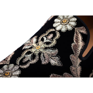 SUPERGLAMOUROUS Kabah 3289 Men's Shoes Black Combination Embroidered Velvet Slip-On Loafers (SPGM1285)-AmbrogioShoes