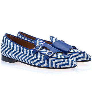 SUPERGLAMOUROUS Tangerine 7 Janerio Men's Shoes White & Navy Woven Rafia Canvas Belgian Loafers (SPGM1288)-AmbrogioShoes