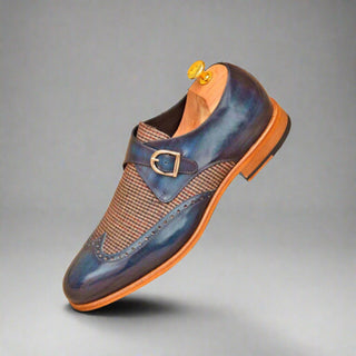 Ambrogio Bespoke Custom Men's Shoes Beige & Denim Fabric / Patina Leather Monk-Strap Loafers (AMB1981)-AmbrogioShoes