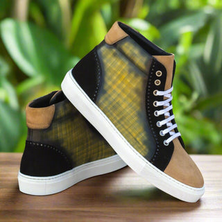 Ambrogio Bespoke Custom Men's Shoes Black, Camel & Khaki Suede / Patina Leather High-Top Sneakers (AMB2218)-AmbrogioShoes