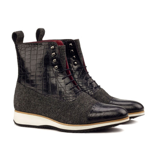 Ambrogio Bespoke Custom Men's Shoes Black & Gray Fabric / Crocodile Print Leather Balmoral Boots (AMB2128)-AmbrogioShoes