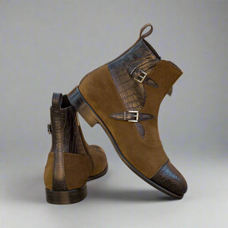 Ambrogio Bespoke Custom Men's Shoes Black & Khaki Crocodile Print / Suede Leather Buckle Boots (AMB1996)-AmbrogioShoes