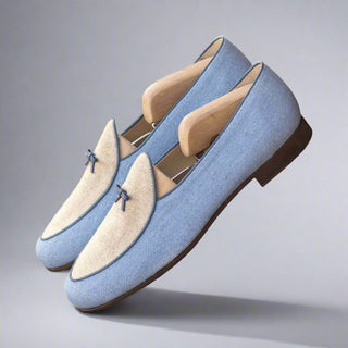 Ambrogio Bespoke Custom Men's Shoes Blue & Beige Linen Fabric Belgian Loafers (AMB2191)-AmbrogioShoes