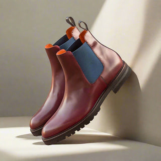 Ambrogio Bespoke Custom Men's Shoes Burgundy & Navy Polished / Calf-Skin Leather Chelsea Boots (AMB1963)-AmbrogioShoes