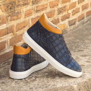 Ambrogio Bespoke Custom Men's Shoes Cognac & Navy Crocodile Print / Calf-Skin Leather High Top Sneakers (AMB2212)-AmbrogioShoes