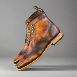 Ambrogio Bespoke Custom Men's Shoes Fire Patina Leather Military Brogue Boots (AMB2215)-AmbrogioShoes