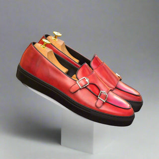 Ambrogio Bespoke Custom Men's Shoes Red Calf-Skin Leather Monk-Straps Casual Sneakers (AMB2000)-AmbrogioShoes