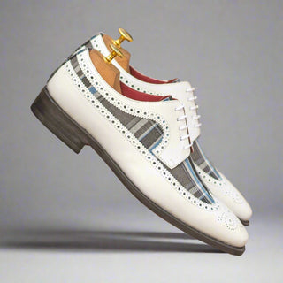 Ambrogio Bespoke Custom Men's Shoes White, Gray & Blue Plaid Fabric / Box Calf-Skin Leather Longwing Blucher Oxfords (AMB2199)-AmbrogioShoes