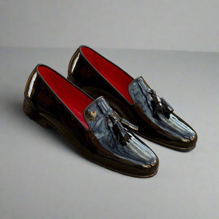 Ambrogio Bespoke Men's Handmade Custom Made Shoes Black Patent Leather Wellington Loafers (AMB1326)-AmbrogioShoes