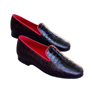 Ambrogio 2214 Bespoke Custom Men's Shoes Black Crocodile Print / Calf-Skin Leather Wellington Slip-On Loafers (AMB1682)-AmbrogioShoes
