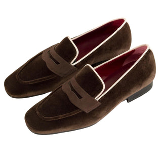 Ambrogio 1933 Bespoke Custom Men's Shoes Brown Velvet / Suede Leather Penny Loafers (AMB1571)-AmbrogioShoes