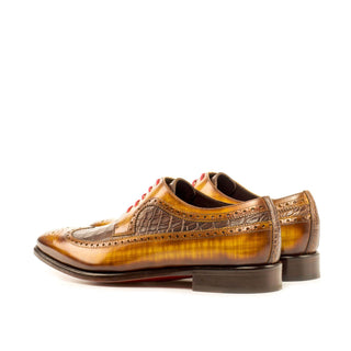 Ambrogio Bespoke Men's Handmade Custom Shoes Cognac & Brown Crocodile Print / Patina Leather Longwing Blucher Oxfords (AMB1376)-AmbrogioShoes