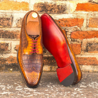 Ambrogio Bespoke Men's Handmade Custom Shoes Cognac & Brown Crocodile Print / Patina Leather Longwing Blucher Oxfords (AMB1376)-AmbrogioShoes