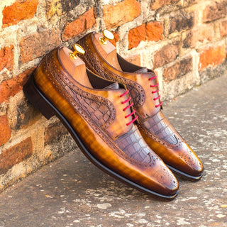 Ambrogio Bespoke Men's Handmade Custom Shoes Cognac & Brown Crocodile Print / Patina Leather Longwing Blucher Oxfords (AMB1376)-AmbrogioShoes