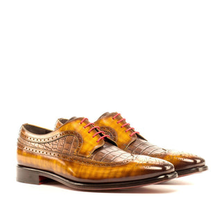 Ambrogio Bespoke Men's Handmade Custom Shoes Cognac & Brown Crocodile Print / Patina Leather Longwing Blucher Oxfords (AMB1376)-AmbrogioShoes