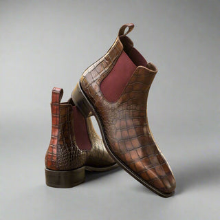 Ambrogio 4603 Bespoke Custom Men's Shoes Dark Brown & Burgundy Crocodile Print / Calf-Skin Leather Chelsea Boots (AMB1809)-AmbrogioShoes