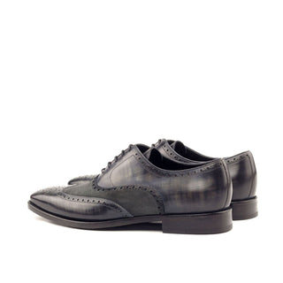 Ambrogio Bespoke Men's Handmade Custom Shoes Gray Suede / Patina Leather Full Brogue Wing-Tip Oxfords (AMB1328)-AmbrogioShoes