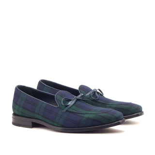 Ambrogio Bespoke Men's Handmade Custom Shoes Navy & Green Blackwatch Sartorial / Calf-Skin Leather Dress Loafers (AMB1358)-AmbrogioShoes