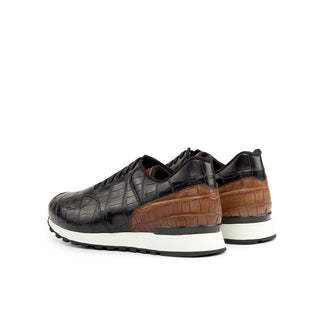 Ambrogio Bespoke Men's Shoes Black & Brown Exotic Alligator Casual Jogger Sneakers (AMB2284)-AmbrogioShoes