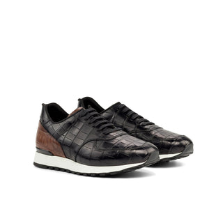 Ambrogio Bespoke Men's Shoes Black & Brown Exotic Alligator Casual Jogger Sneakers (AMB2284)-AmbrogioShoes