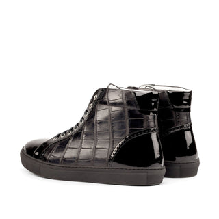 Ambrogio Bespoke Men's Shoes Black Exotic Alligator / Patent Leather High Kicks Sneakers (AMB2262)-AmbrogioShoes