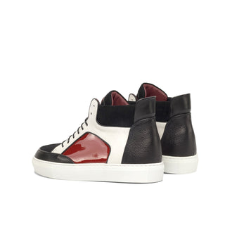 Ambrogio Bespoke Men's Shoes Black, White & Red Multi-Material Leather High-Top Sneakers (AMB2249)-AmbrogioShoes