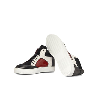 Ambrogio Bespoke Men's Shoes Black, White & Red Multi-Material Leather High-Top Sneakers (AMB2249)-AmbrogioShoes