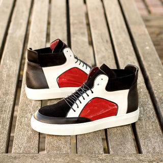 Ambrogio Bespoke Men's Shoes Black, White & Red Multi-Material Leather High-Top Sneakers (AMB2249)-AmbrogioShoes