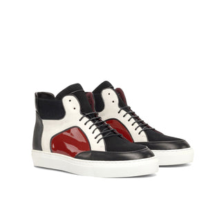 Ambrogio Bespoke Men's Shoes Black, White & Red Multi-Material Leather High-Top Sneakers (AMB2249)-AmbrogioShoes